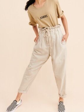 Free People Margate High-Waist Paperbag Pants in Beige